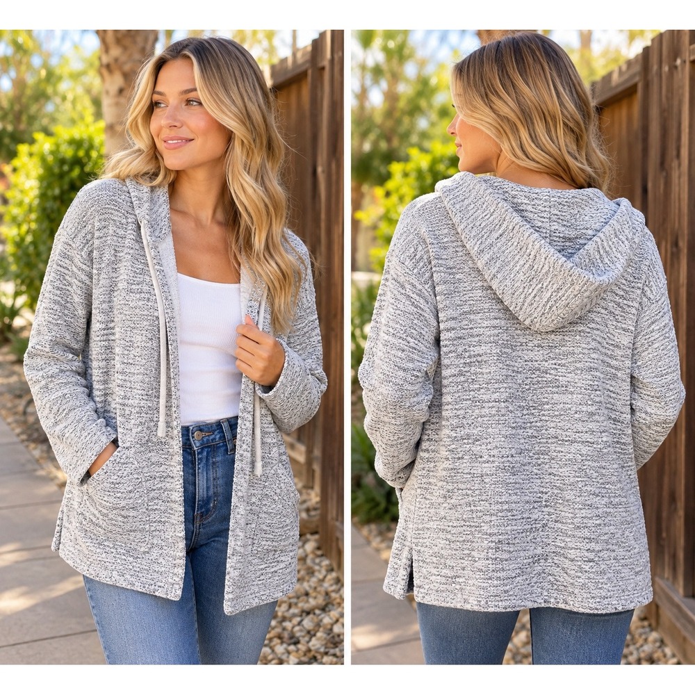 Roots Women Hooded Open Front Cardigan Gray Marled Cotton Blend Pockets